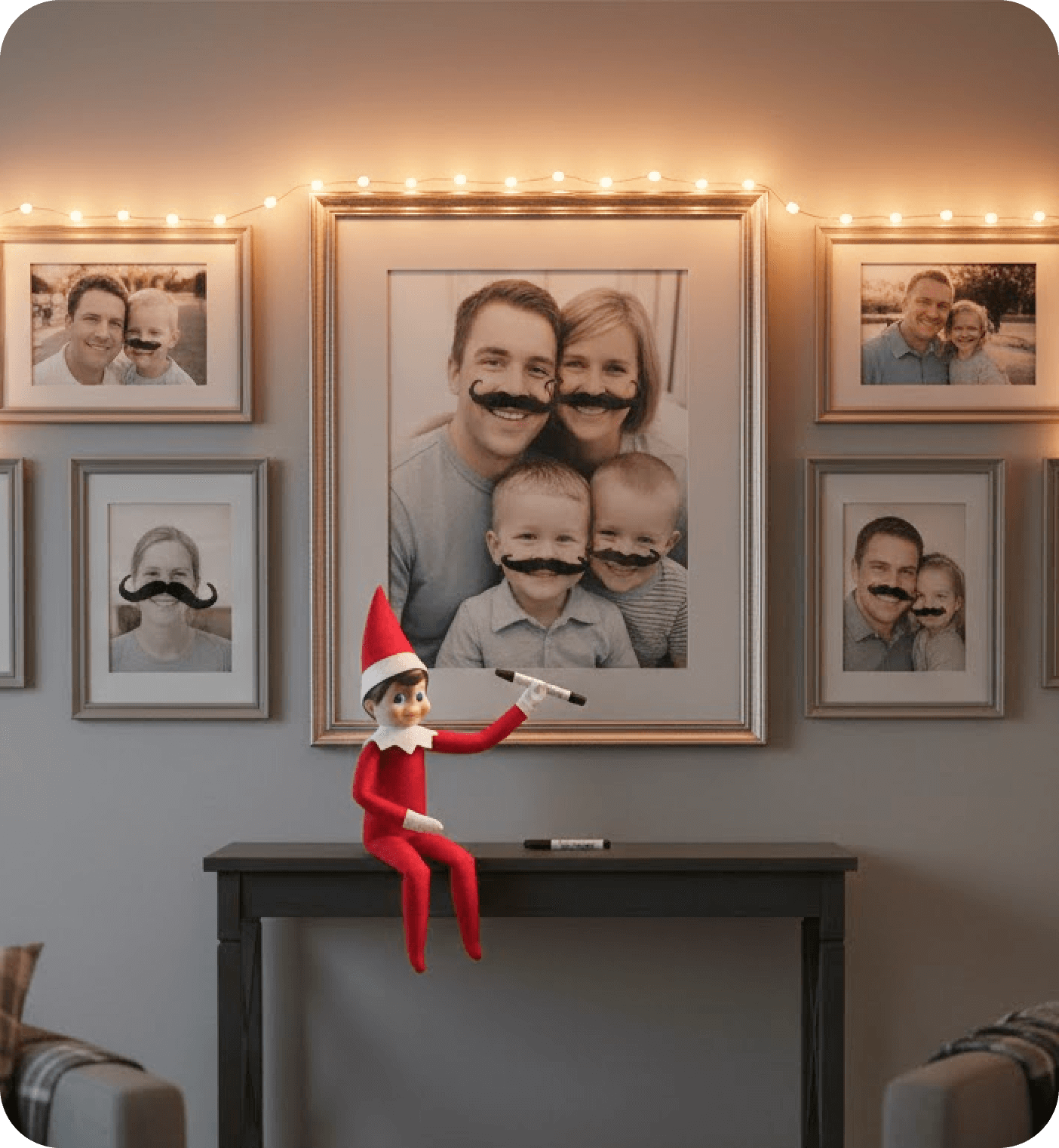 Marker mustaches on family photos